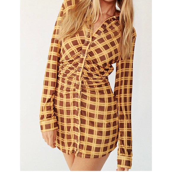 With Jean Andy Long Sleeve Button Front Check Dress Yellow M Clueless Y2K - Picture 1 of 7